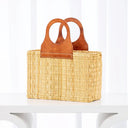 Handwoven Straw Tote Bag with Brown Leather Top Handle: Black