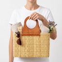 Handwoven Straw Tote Bag with Brown Leather Top Handle: Black