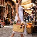 Handwoven Straw Tote Bag with Brown Leather Top Handle: Brown