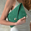 Symmetria Suede Clutch in Emerald with Gold Hardware