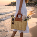 Handwoven Straw Tote Bag with Brown Leather Top Handle: Black