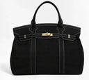 Canvas Boatkin Tote Bag w/ Gold Buckle Hardware - Black 