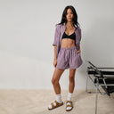 Airy Cotton Curved Hem Long Sleeve Short Set - Odyssey Stripe