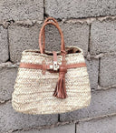 Straw Beach Tote Bag with Leather Handles: Small