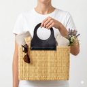 Handwoven Straw Tote Bag with Brown Leather Top Handle: Black